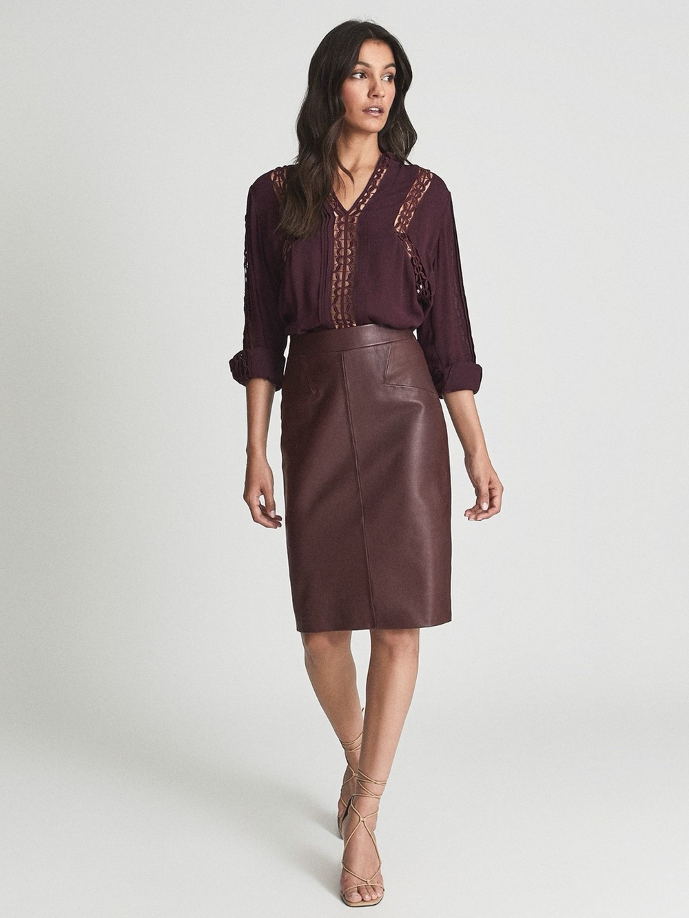 Reiss Cleo Berry Pink Leather Mix Pencil Skirt